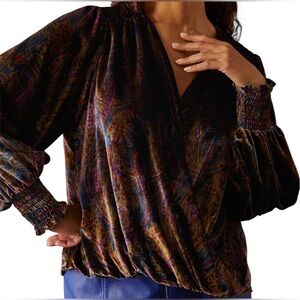 By Anthropologie Velvet Faux Wrap Blouse XS Dark Floral Paisley Boho